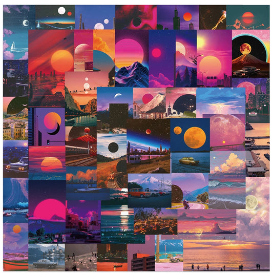 Sunset Landscape Cartoon Stickers Pack - Waterproof Aesthetic Laptop Luggage Diary Guitar Phone Decals