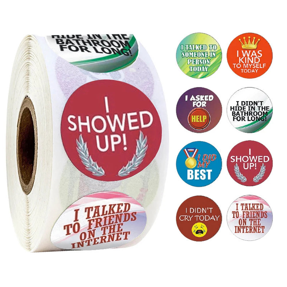 500pcs/roll encourage words Stickers Waterproof funny reward Sticker for Girls Boys Kids Children Gifts "I SHOWED UP" on laptop