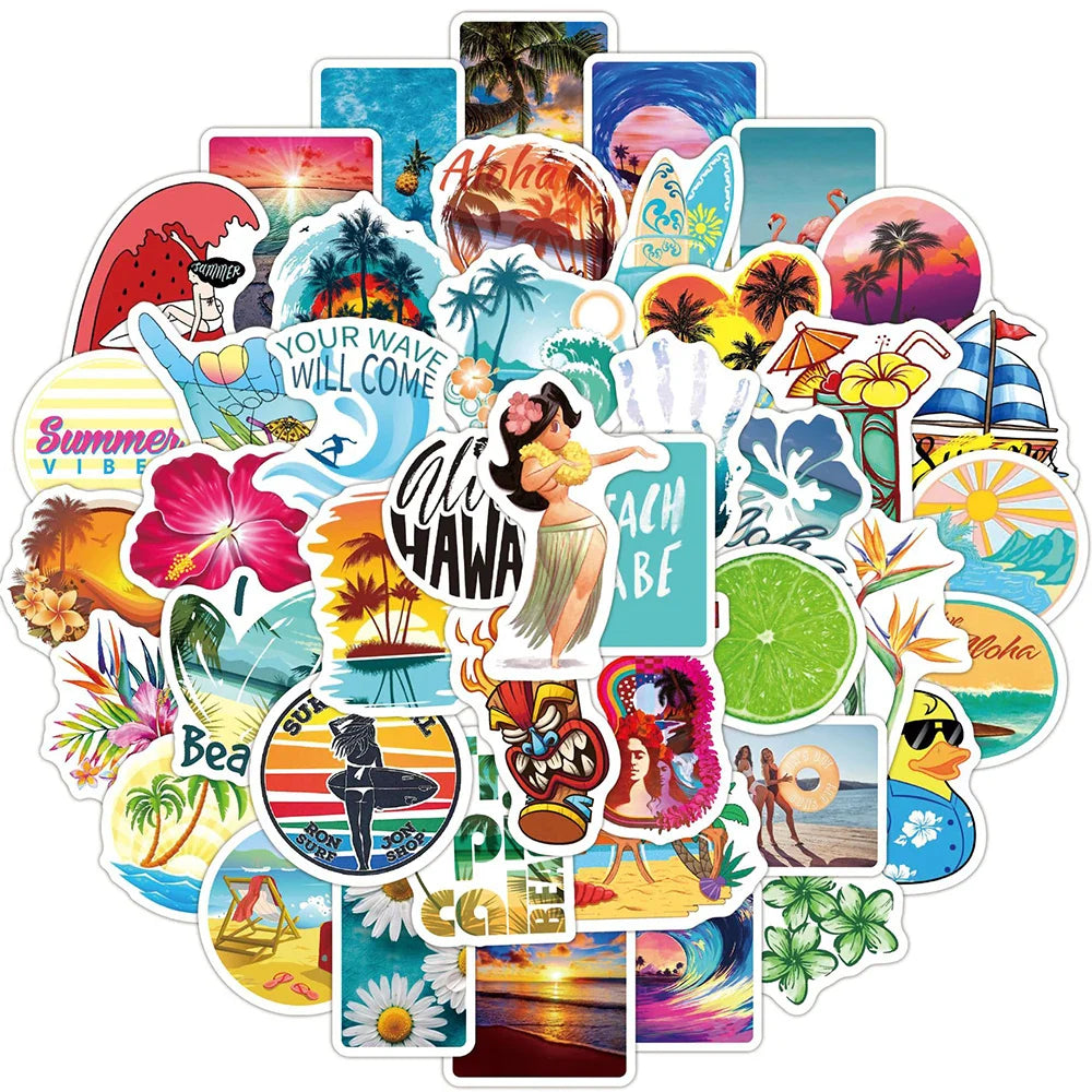 Summer Tropical Beach Surfing Stickers Pack - Luggage, Skateboard, Graffiti, Kids Toy