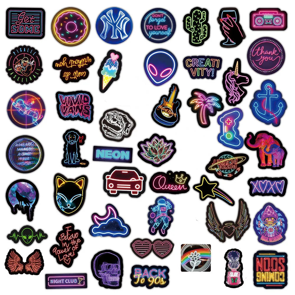 10/30/50/100PCS Cartoon Neon Light Graffiti Sticker Packs