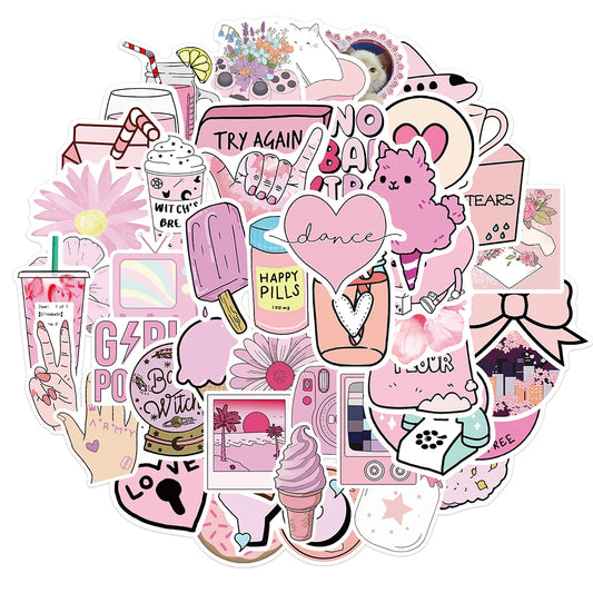 Pink Cartoon Aesthetic Stickers Pack - Waterproof for Car, Luggage, Guitar