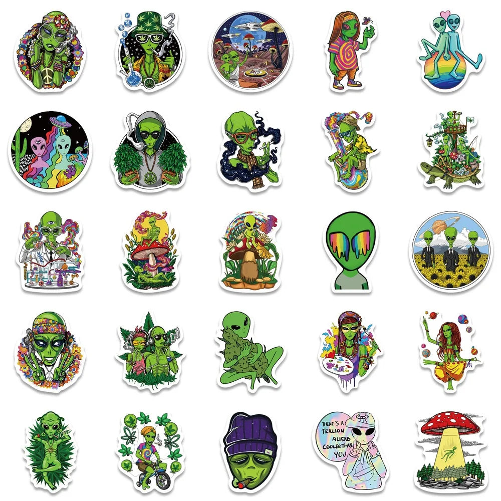 10/50PCS Weed Alien Sticker Psychedelic Funny Characters Leaves Graffiti Stickers Bike Travel Luggage Guitar Laptop Cool Sticker