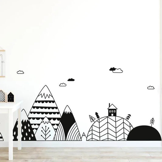 Scandinavian Mountain Wall Sticker Kids Room Nordic Tree Cloud Village Decal