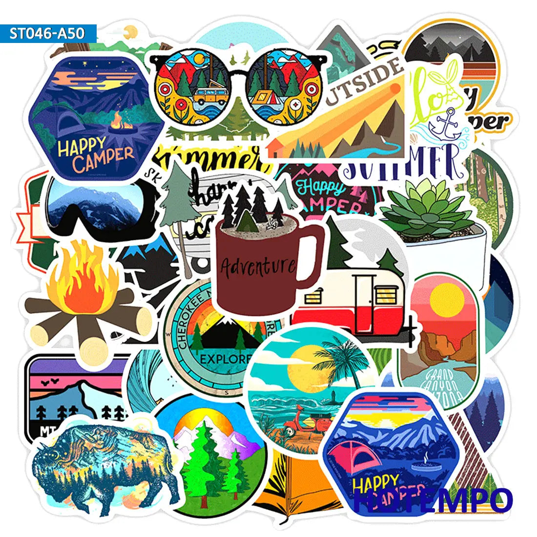 50pcs Travel Hiking Outdoor Surfing Wild Adventure Outside Camping Decal Stickers Pack for Phone Laptop Luggage Bike Car Sticker