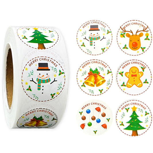 500 Pcs 2.5CM Christmas Stickers Roll - Tree, Gingerbread, Reindeer Labels