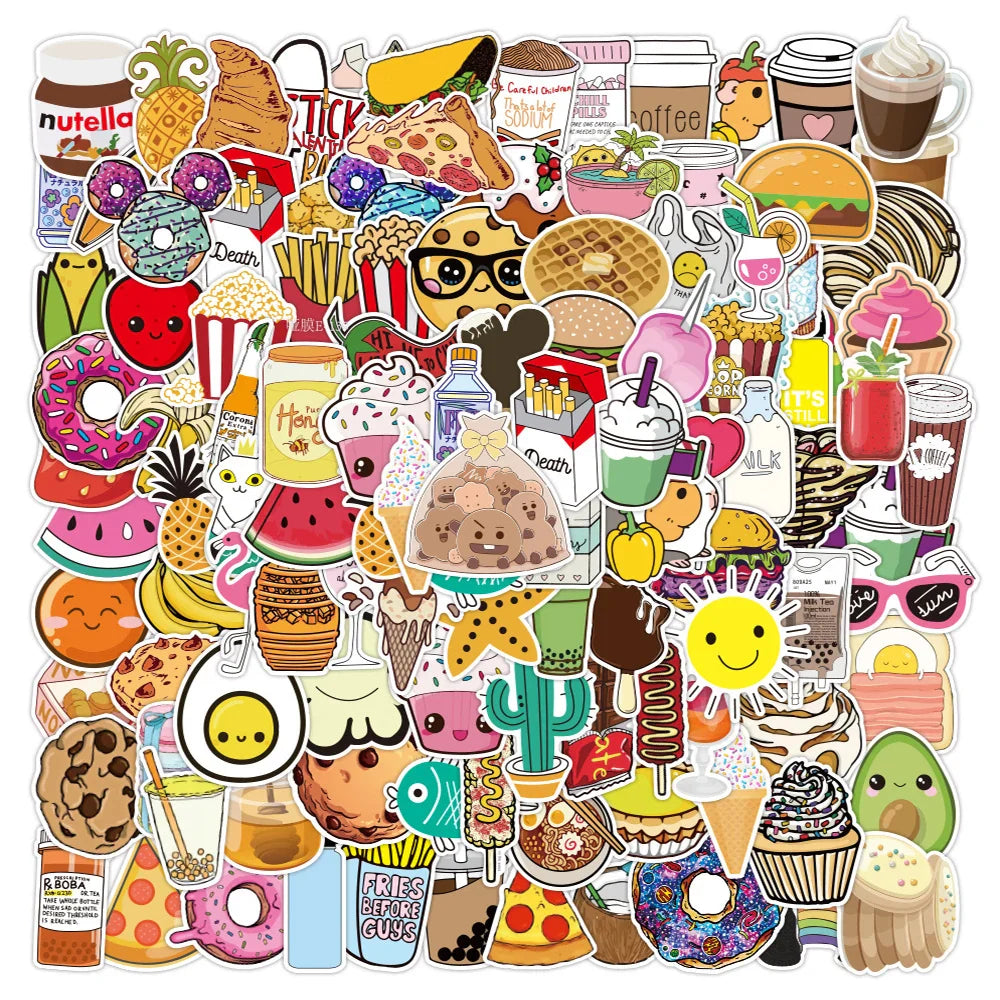 Cute Food Cartoon Stickers for Laptop, Phone, Water Bottle, Bike, Luggage, Kid Toy Decals (10/50/100PCS)