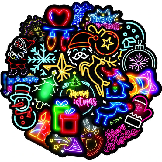 Neon Christmas Stickers 10/30/50PCS Waterproof Laptop Guitar Luggage Fridge Skateboard Decals Kid Toys