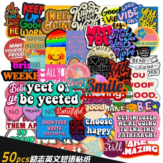 50 Sheets Inspirational Ins English Phrase Graffiti Stickers Luggage Electric Motorcycle Helmet Notebook Waterproof Stickers