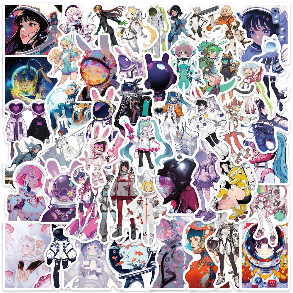 50pcs Cute Cartoon Anime Girls Astronaut Stickers For Laptop Water Bottle Luggage Notebook Diary Waterproof Graffiti Vinyl Decal