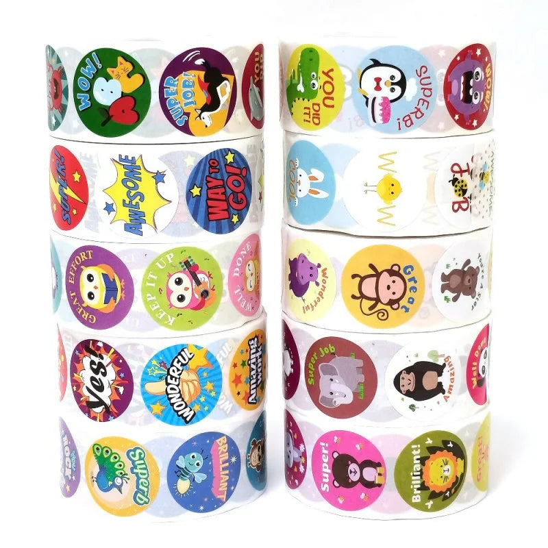 500 Pcs/Roll English Cartoon Animal Stickers Teacher Reward Students Stickers Self-adhesive Stationery Stickers