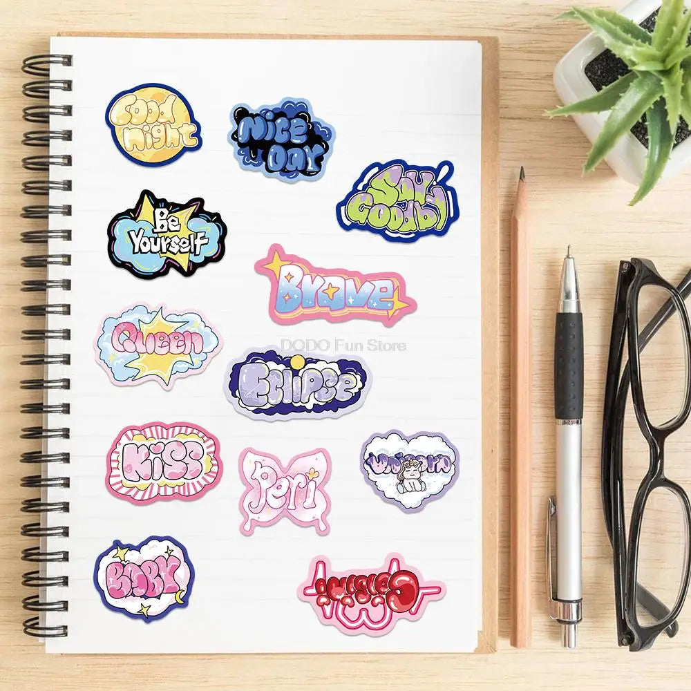 50PCS Cute Cartoon Colorful Letters Graffiti Sticker Waterproof PVC Decoration Luggage Guitar Cup Phone Book Gift Sticker