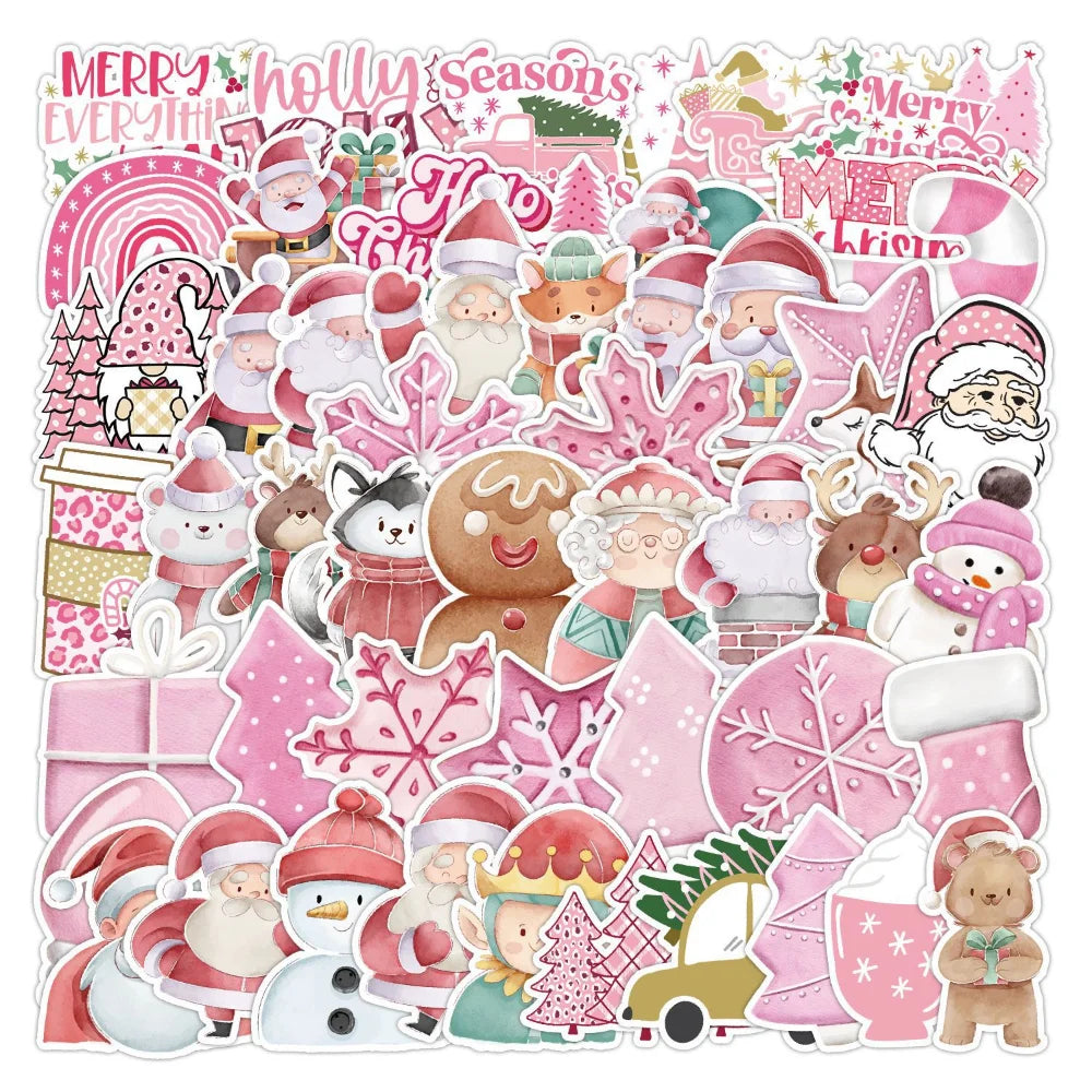 10/50Pcs New Year Merry Pink Christmas Stickers Deer Santa Claus Snowman Children Gift Decal DIY for Skateboard Luggage Suitcase