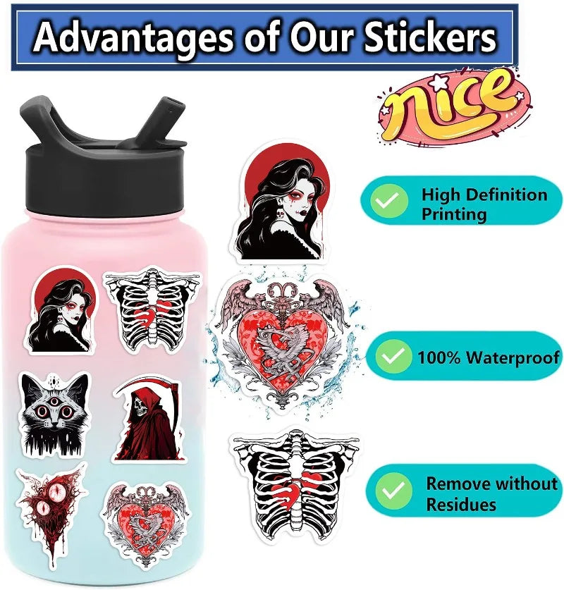 10/25/50pcs Red Gothic Horror Skeleton and Scary Devil Demons Sticker Packs