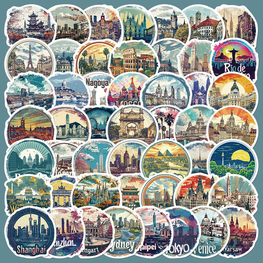 50pcs Cartoon City Travel Graffiti Stickers for Helmet, Wall, DIY Decor