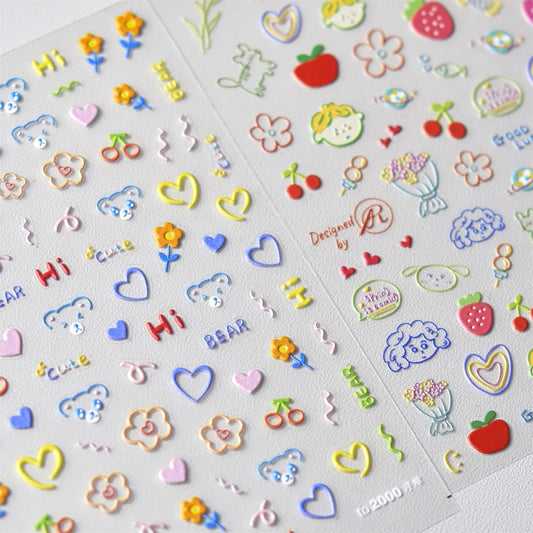Graffiti Cartoon Nail Art Stickers: Cherry, Bear, Cat, Flower