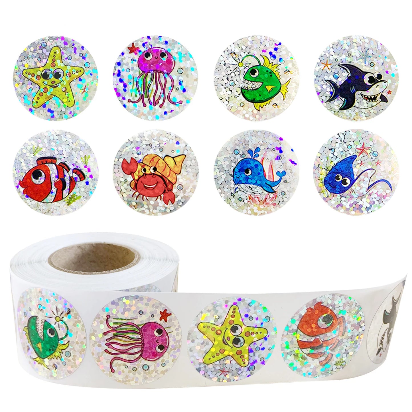 100-500pcs Holographic Rainbow Label Cartoon Marine Animal Stickers Children DIY Handmade Scrapbooking Stationery Sticker