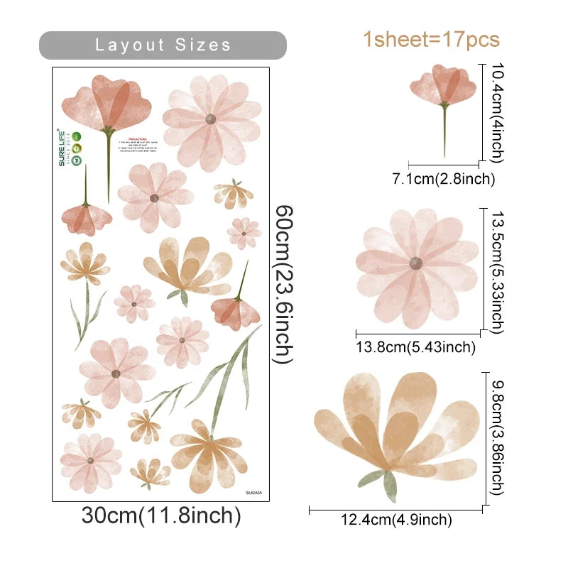 Boho Flower Wall Stickers Watercolor Removable Eco-friendly PVC Decals