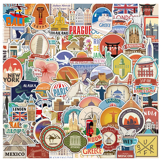 Vintage Travel City Landscape Stickers - 10/30/50/100PCS Graffiti Decals for Laptop, Scrapbook, Phone, Diary