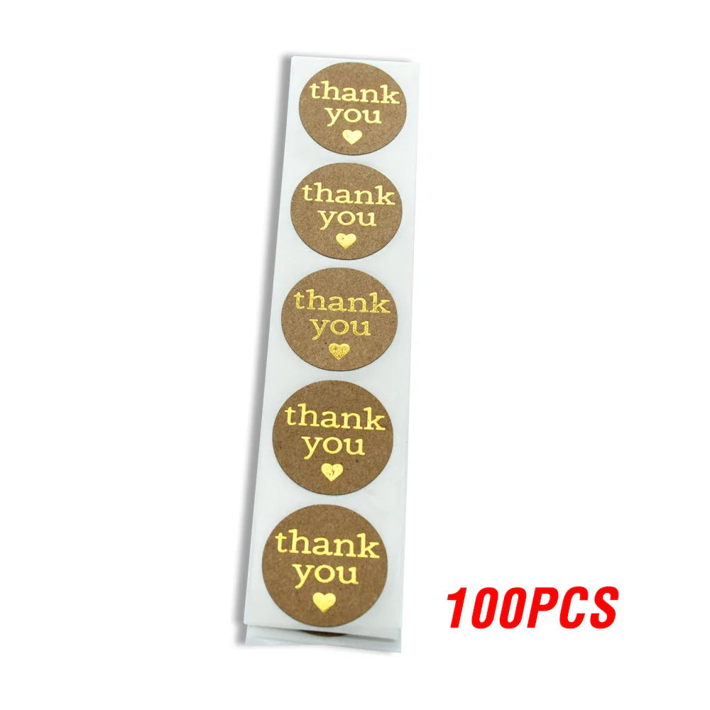 Gold Heart Thank You Stickers 1" 100-500pcs Kraft Seals