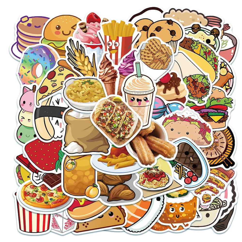 50Pcs Cartoon Gourmet Food Graffiti Stickers For Children Toys Luggage Laptop iPad Skateboard Notebook Stickers Wholesale