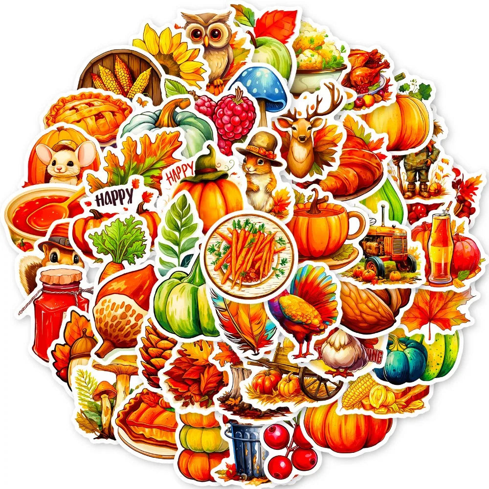 10/50Pcs Thanksgiving Day Stickers Harvest Festival Cartoon Cute Pumpkin Nut Squirrel Children Toy Decals Laptop Guitar Suitcase