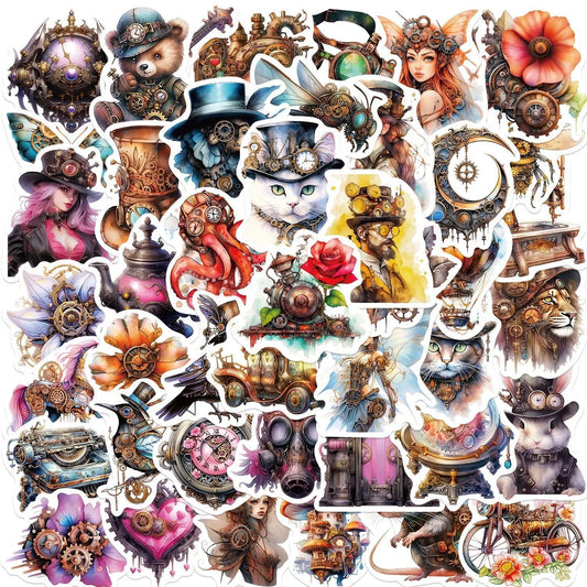 10/50PCS Vintage Steampunk Metal Animal Girl Stickers Aesthetic Decals DIY Laptop Suitcase Phone Notebook Car Decoration Sticker