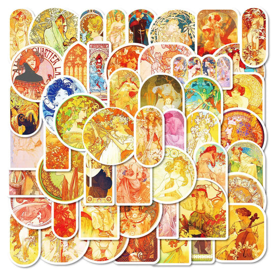 50Pcs Cartoon Mucha Art Graffiti Stickers for Helmet, Wall, DIY Decor