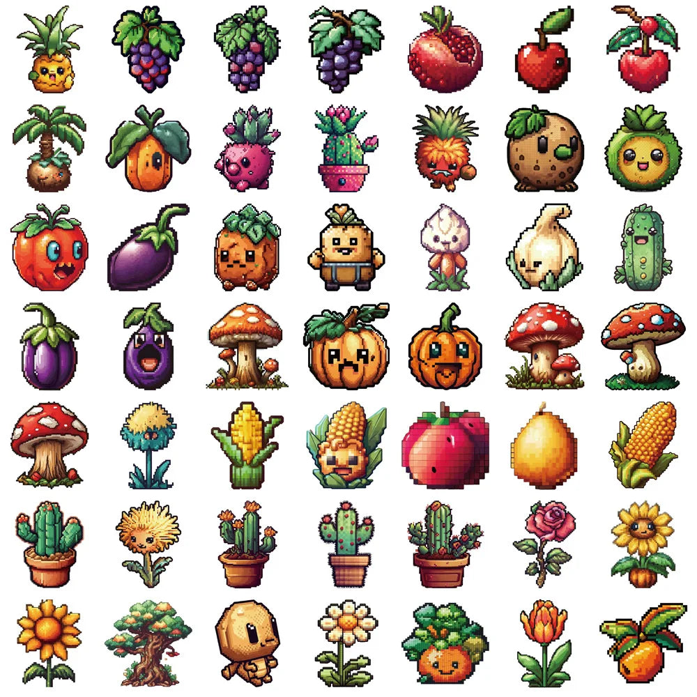 10/30/50/100PCS Cute Pixel Cartoon Stickers Funny Fruit Vegetable Graffiti Decals Notebook Fridge Phone Suitcase Toys Decoration