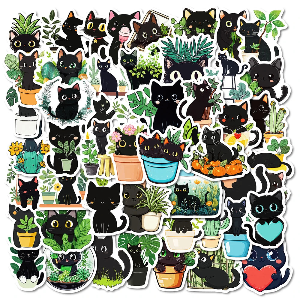 Cute Black Cat Cartoon Stickers - Waterproof Decals for Laptop, Phone, Water Bottle, Suitcase - 10/30/50pcs