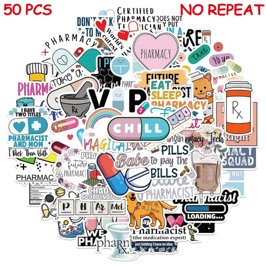 Pharmacy Cartoon Stickers Decals for DIY Laptop Phone Water Bottle Skateboard