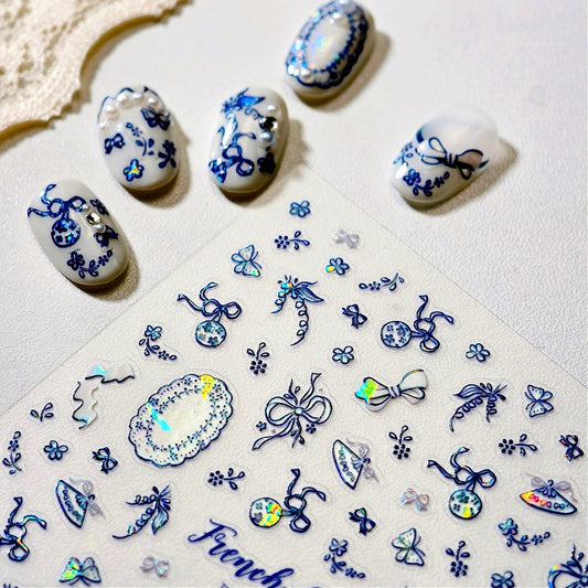 Blue Butterfly Lace Nail Art Stickers Decals