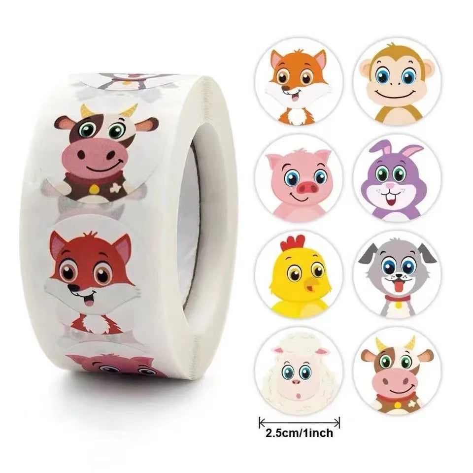 50-500pcs 1Inch Cute Cartoon Stickers Zoo Scrapbook Sticker Roll Labels For Kids DIY Toys Decoration Gift Box Stationery Sticker