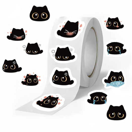 500pcs Kawaii Black Cat Stickers Roll for DIY Fridge Notebook Phone Laptop Bike Wall Stationery Kids Toys