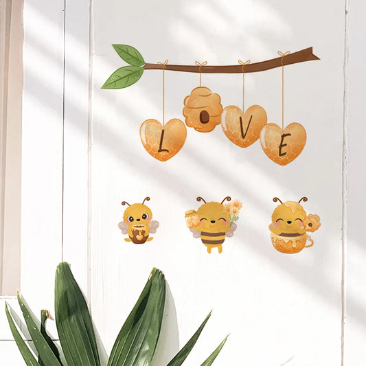 Cartoon Bee Flower Wall Sticker Kids Room Door Mural Home Decor Self Adhesive Wallpaper