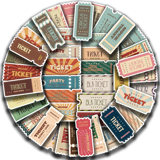 50pcs Vintage Ticket Stickers Waterproof for Laptops & Bottles
