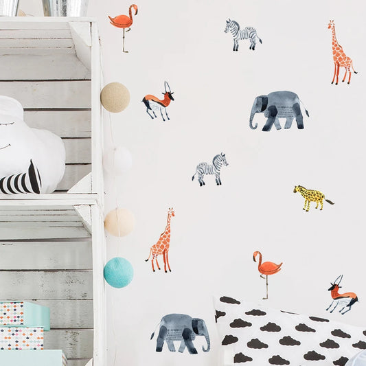 Watercolor Safari Animal Wall Stickers - Modern Vinyl Removable Decals for Living Room Decor