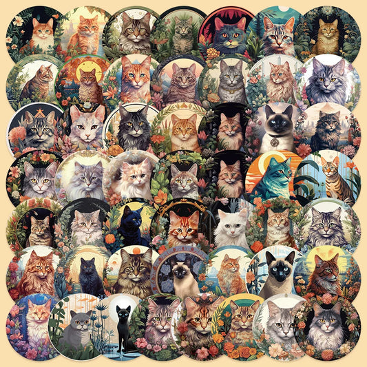 50pcs Cartoon Plants & Kittens Stickers for Helmet, Wall, DIY Decoration