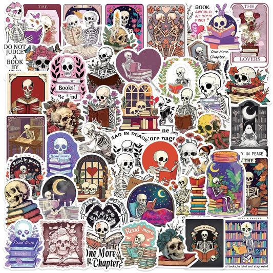 10/50PCS Funny Skeleton Skull Reading Book Stickers Kindle Aesthetic for Students Scrapbook Water Bottle Phone Laptop Sticker