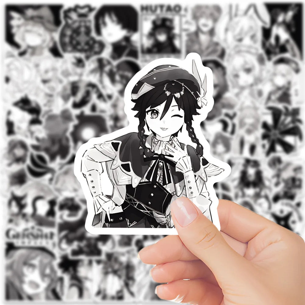 10/30/50PCS Genshin Impact Black White Anime Stickers Funny Game Graffiti Toys DIY Laptop Phone Bike Guitar Car Decals Kids Toy