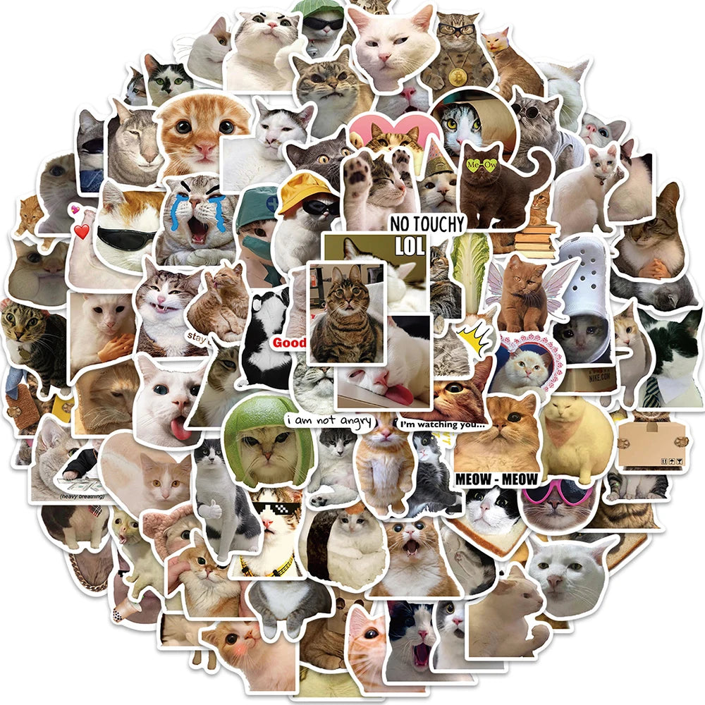Funny Cat Meme Stickers - 10/30/50/100PCS Cute Animal Decals for Laptop, Phone, Bike, Car, Wall