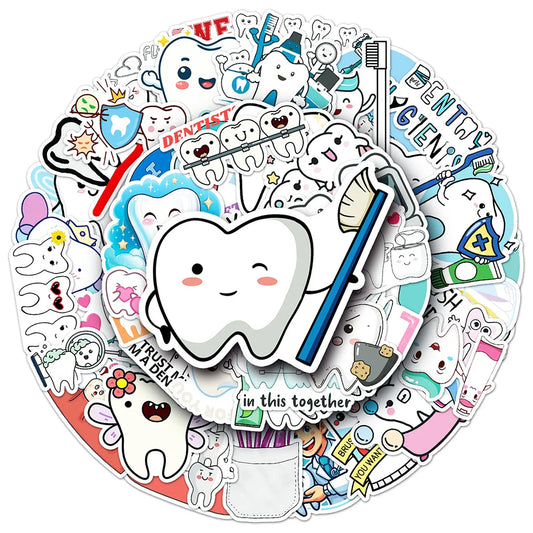 Cartoon Teeth Stickers: 10/30/50pcs for Laptop, Phone, Suitcase, Diary