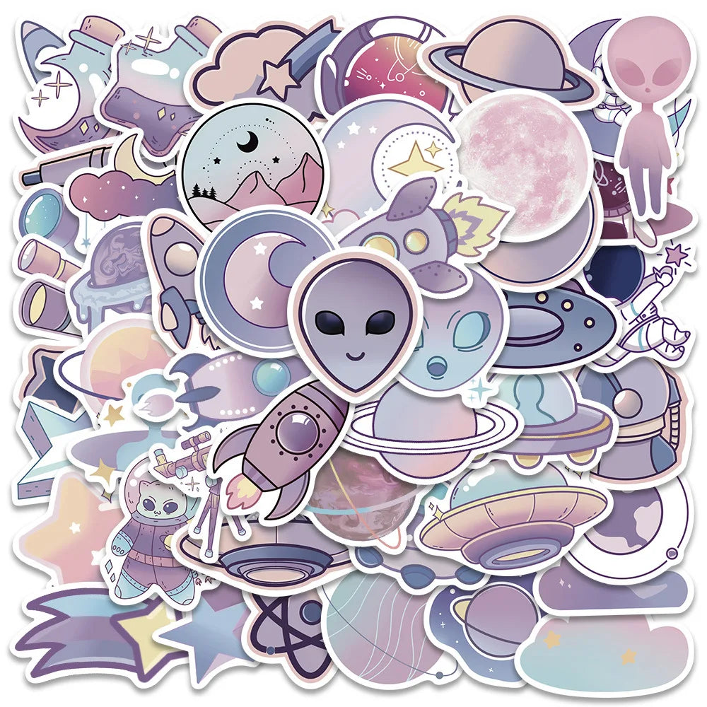 10/50Pcs Gradient Color Cartoon Planet Astronaut Alien Stickers Decals Kids Toy DIY Diary Suitcase Scrapbook Cute Sticker