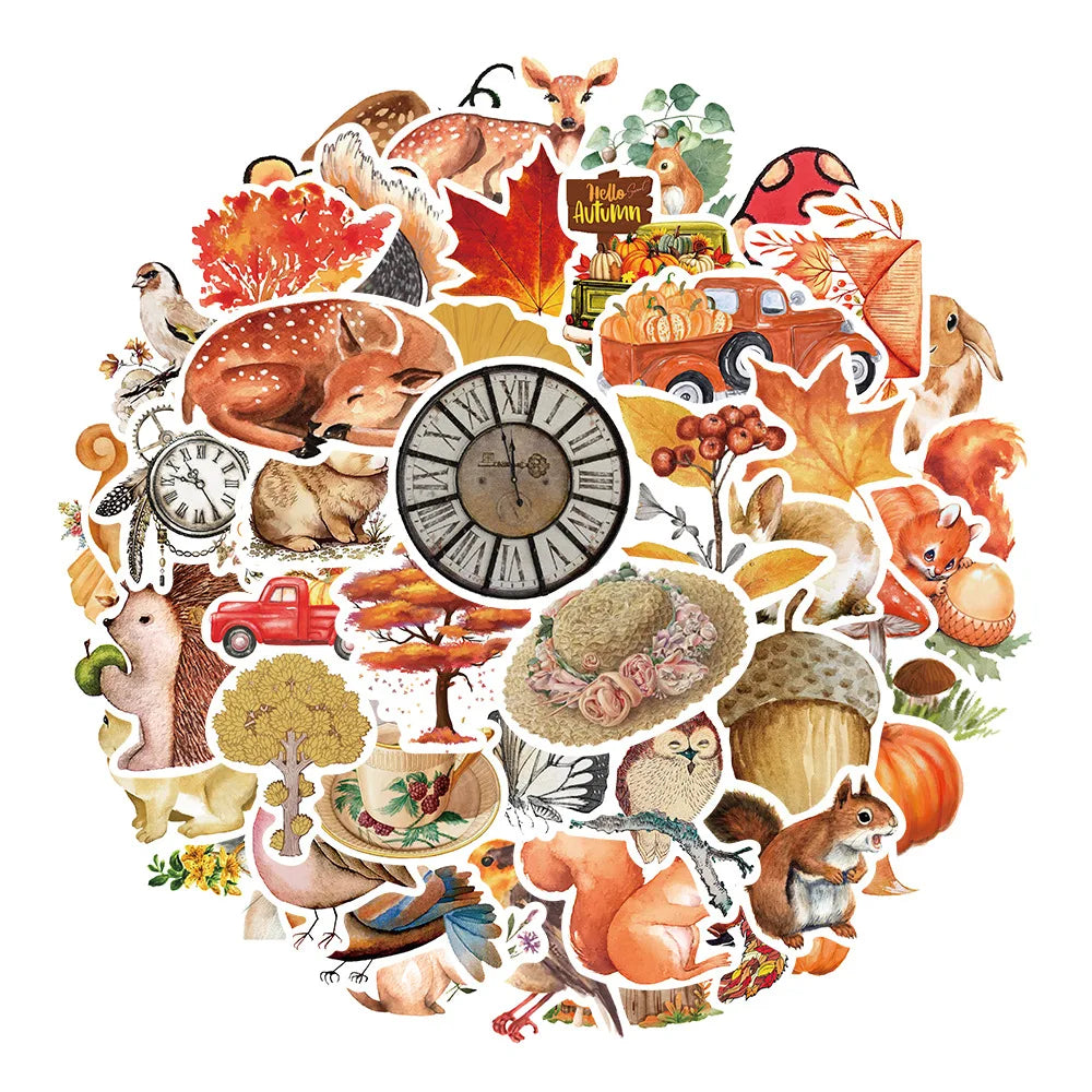 Vintage Autumn Forest Animal Stickers for Suitcase, Skateboard, Laptop, Luggage, Phone, Car - 10/30/50Pcs