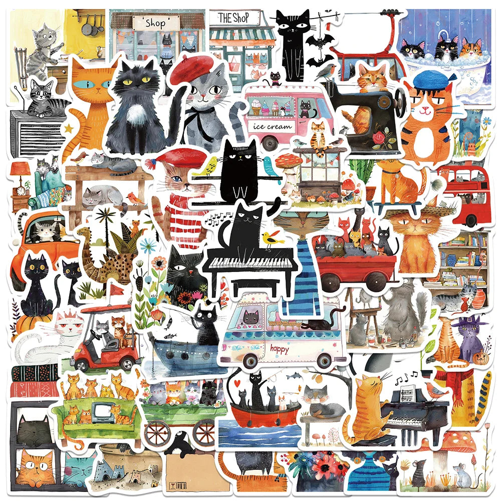 50pcs Funny Cartoon Animals Aesthetic Cats Stickers DIY Waterproof Graffiti For Luggage Water Bottle Luggage Notebook Decals