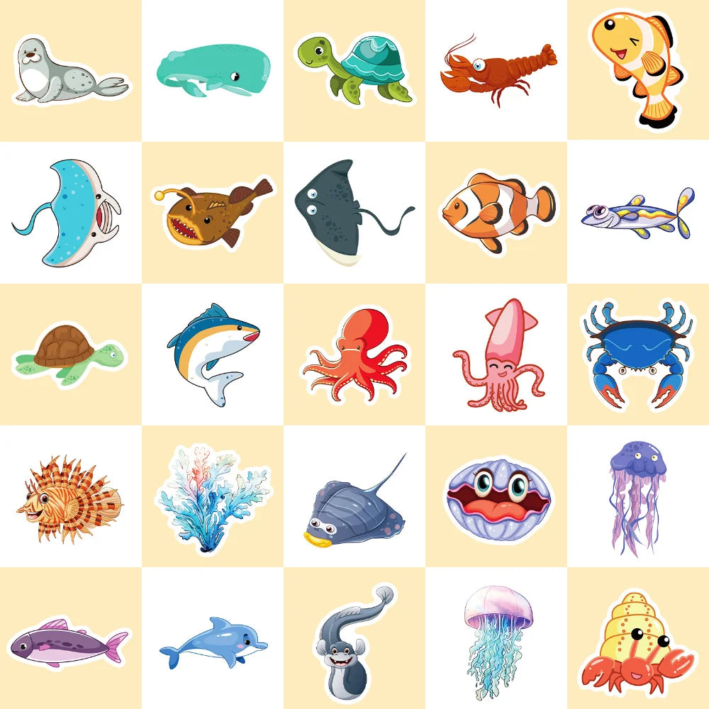 10/50Pcs Cartoon Marine Life Fish And Shrimp Sticker For Kids Toys Luggage Laptop Ipad Skateboard Stickers Wholesale