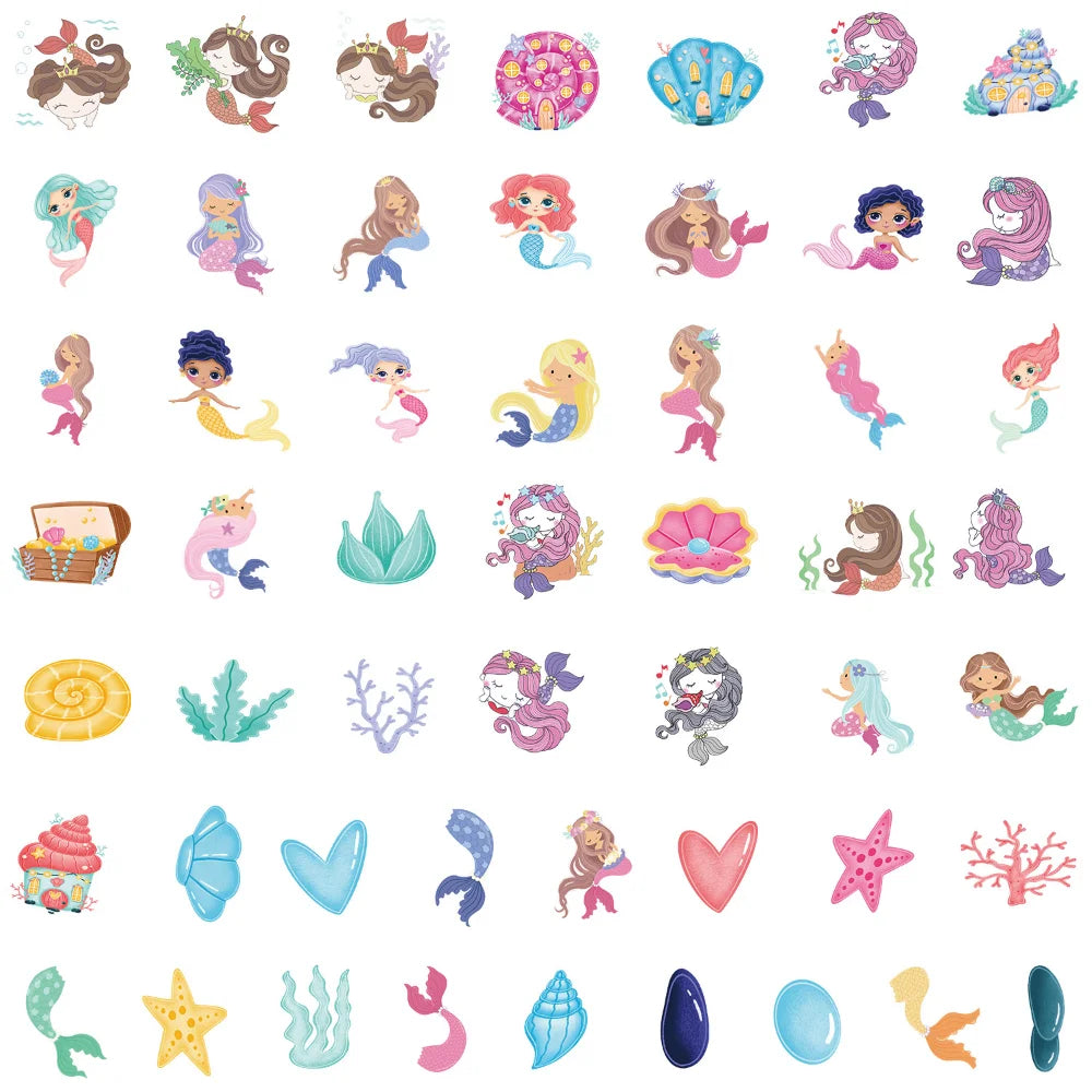 10/50PCS Cute Pink Purple Mermaid Underwater Animal Sticker Bike Travel Luggage Laptop Cartoon Sticker Decals for Kid Gift