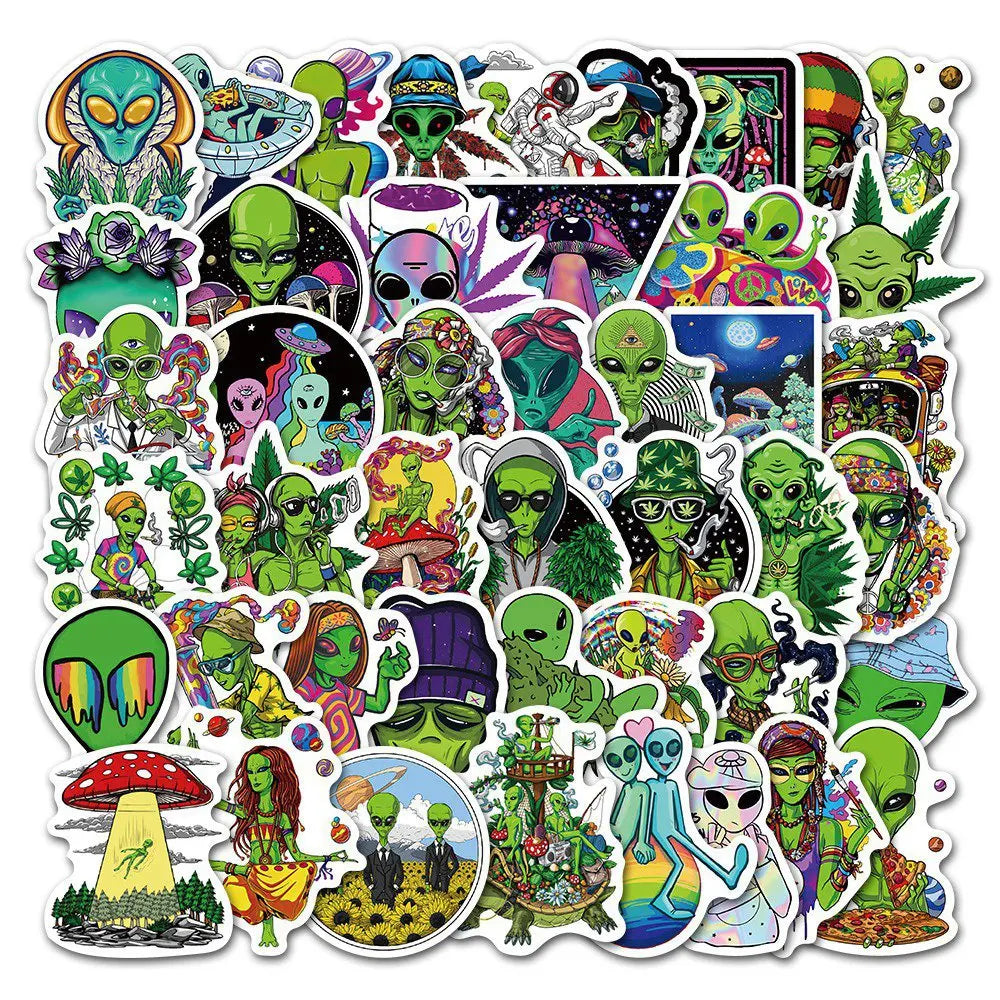 50pcs Psychedelic Alien Weed Characteristics Stickers Laptop Car Bike Travel Luggage Fridge Vinyl Decal Waterproof Sticker Toy