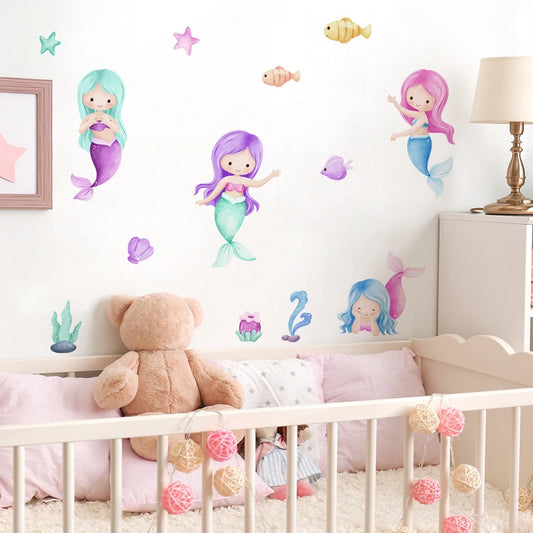 Mermaid Fish Starfish Watercolor Wall Stickers for Kids Room Nursery Decor