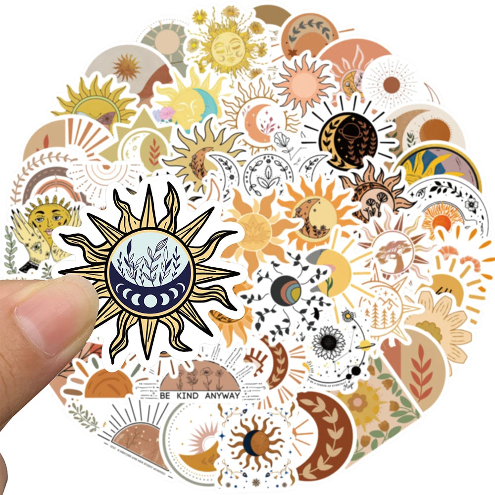 10/30/50PCS Sun Moon Bohemian  Aesthetic Stickers For Kids PVC Waterproof Skateboard Laptop Fridge Suitcase Bike Car Decals Gift