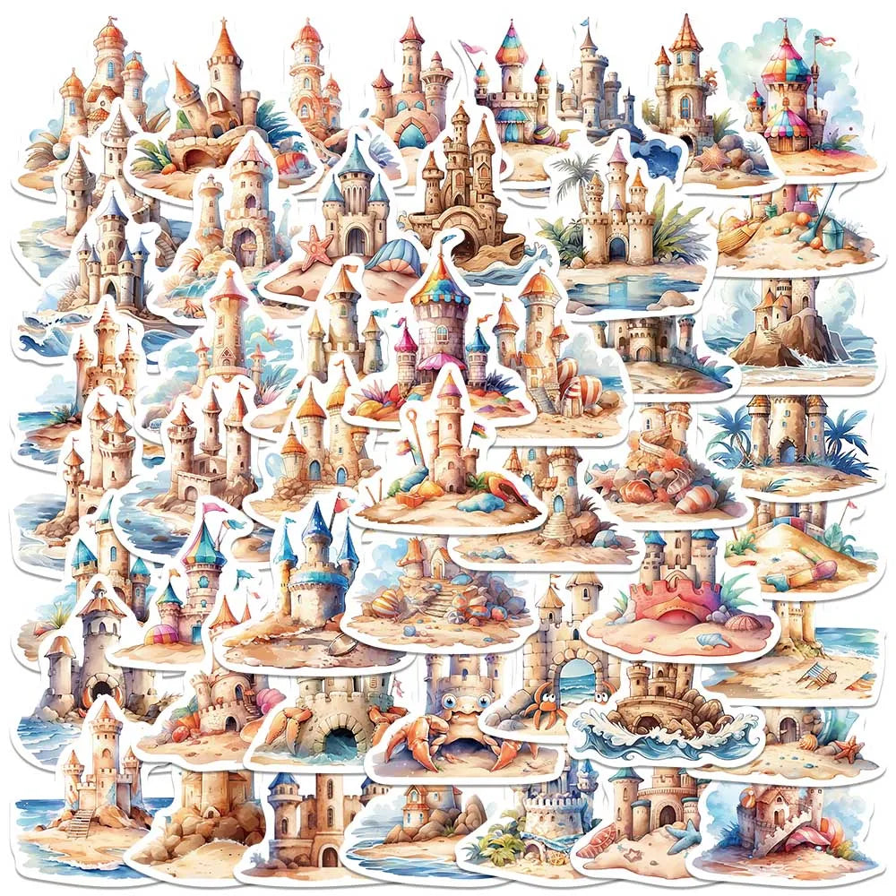 50pcs Cute Cartoon Beach Sandcastle Stickers Graffiti For Laptop Water Bottle Luggage Notebook Phone Vinyl Waterproof Decals